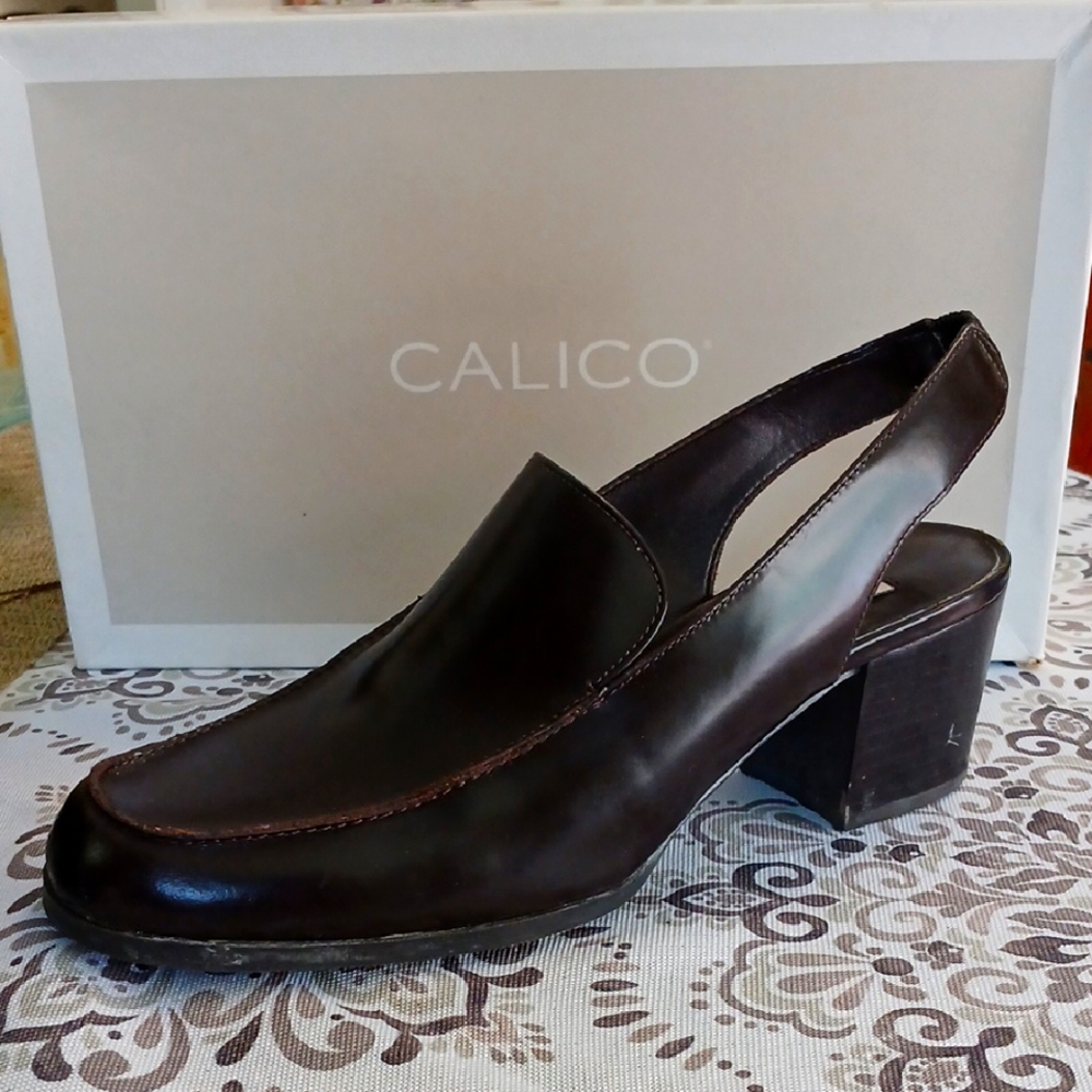 Vintage Calico Chocolate Openmock Slingback Chunky Heels Leather Upper 8Narrow